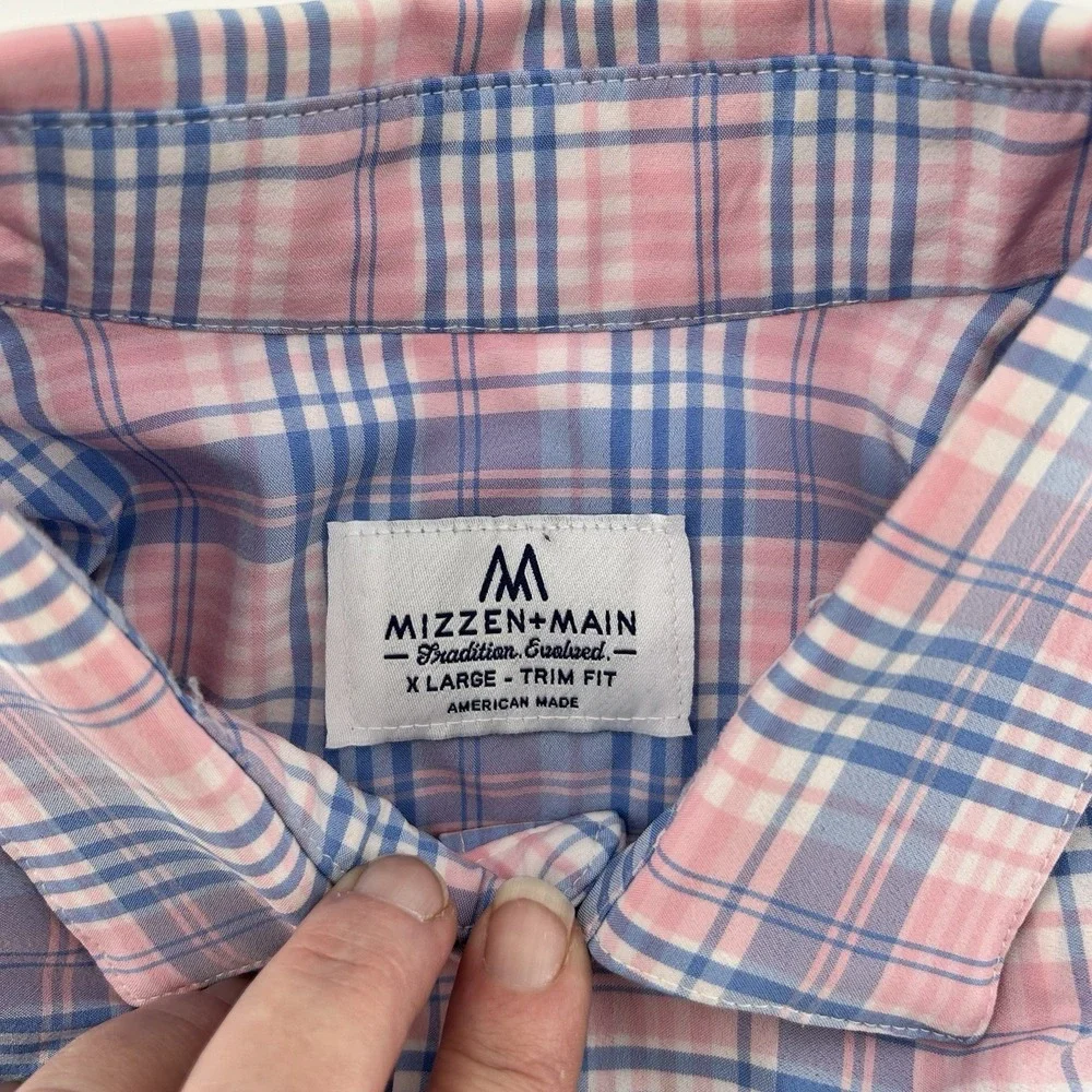 Mizzen+ Main‎ Shirt XL Trim Fit Pink Blue Plaid Stretch Performance USA Made
